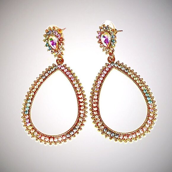 CRYSTAL IRIDESCENT TEARDROP DANGLE EARRINGS - Picture 1 of 5